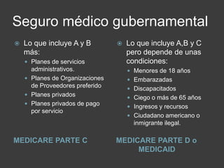 Seguro médico gubernamental
MEDICARE PARTE C MEDICARE PARTE D o
MEDICAID
 Lo que incluye A y B
más:
 Planes de servicios
administrativos.
 Planes de Organizaciones
de Proveedores preferido
 Planes privados
 Planes privados de pago
por servicio
 Lo que incluye A,B y C
pero depende de unas
condiciones:
 Menores de 18 años
 Embarazadas
 Discapacitados
 Ciego o más de 65 años
 Ingresos y recursos
 Ciudadano americano o
inmigrante ilegal.
 