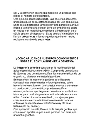 Sol y la convierten en energía mediante un proceso que
recibe el nombre de fotosíntesis.
Otro ejemplo son las bacterias. Las bacterias son seres
unicelulares, es decir, están formadas por una sola célula.
En la célula bacteriana también hay una pared celular que
rodea a la membrana celular, pero sin embargo no existe
un núcleo y el material que contiene la información de la
célula está en el citoplasma. Estas células “sin núcleo” se
llaman procariotas mientras que las que tienen núcleo
reciben el nombre de eucariotas.
¿CÓMO APLICAMOS NUESTROS CONOCIMIENTOS
SOBRE EL ADN? LA INGENIERÍA GENÉTICA
La ingeniería genética consiste en la modificación del
ácido desoxirribonucleico (ADN). Comprende un conjunto
de técnicas que permiten modificar las características de un
organismo, al alterar su material genético.
En ocasiones, la ingeniería genética se utiliza para
conseguir que determinados microorganismos, como
bacterias o virus, formen compuestos nuevos o aumenten
su producción. Los científicos pueden modificar
microorganismos, que llegan a convertirse en auténticas
fábricas para producir grandes cantidades de sustancias
útiles. Esta técnica se ha empleado, por ejemplo, para
crear sustancias como la insulina (necesaria para los
enfermos de diabetes) o el interferón (muy útil en el
tratamiento del cáncer).
Otra aplicación de esta técnica es la terapia génica, que
consiste en aportar un gen a una persona que sufre una
anomalía genética.
 