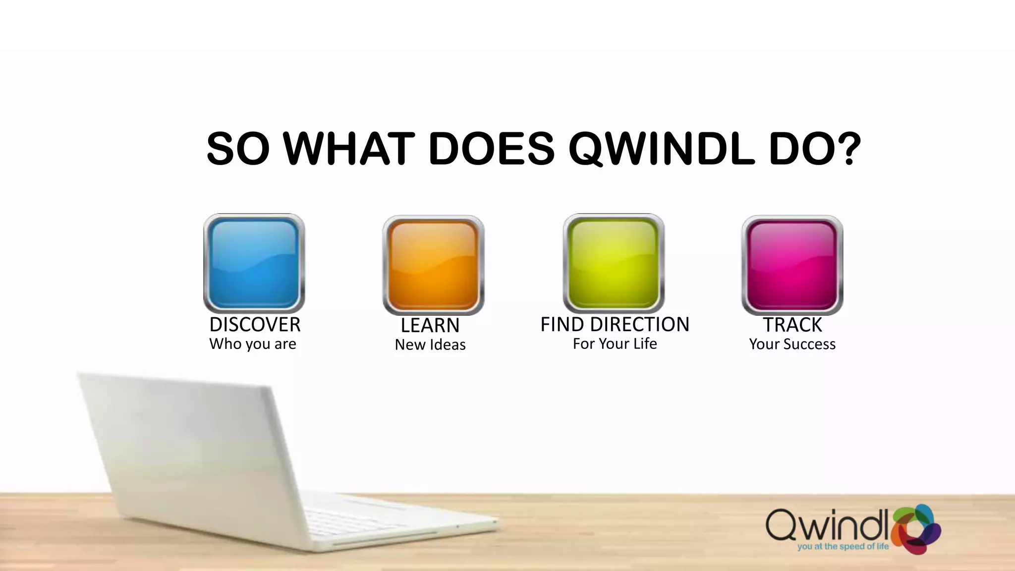 SO WHAT DOES QWINDL DO?


DISCOVER      LEARN       FIND DIRECTION      TRACK
Who you are   New Ideas      For Your Life   Your Success
 