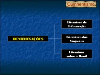 Quinhentismo


               Literatura de
                Informação


               Literatura dos
DENOMINAÇÕES     Viajantes


                Literatura
               sobre o Brasil
 