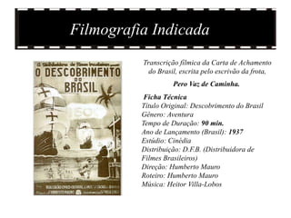 Filmografia Indicada
          Transcrição fílmica da Carta de Achamento
            do Brasil, escrita pelo escrivão da frota,
                    Pero Vaz de Caminha.
           Ficha Técnica
          Título Original: Descobrimento do Brasil
          Gênero: Aventura
          Tempo de Duração: 90 min.
          Ano de Lançamento (Brasil): 1937
          Estúdio: Cinédia
          Distribuição: D.F.B. (Distribuidora de
          Filmes Brasileiros)
          Direção: Humberto Mauro
          Roteiro: Humberto Mauro
          Música: Heitor Villa-Lobos
 