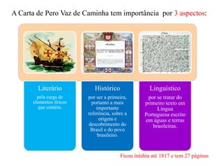 A Carta de Pero Vaz de Caminha tem importância por 3 aspectos:




        Literário            Histórico                Linguístico
        pela carga de     por ser a primeira,       por se tratar do
      elementos líricos     portanto a mais        primeiro texto em
         que contém.          importante                Língua
                          referência, sobre a      Portuguesa escrito
                                origem e           em águas e terras
                          descobrimento do            brasileiras.
                           Brasil e do povo
                               brasileiro.


                                         Ficou inédita até 1817 e tem 27 páginas
 