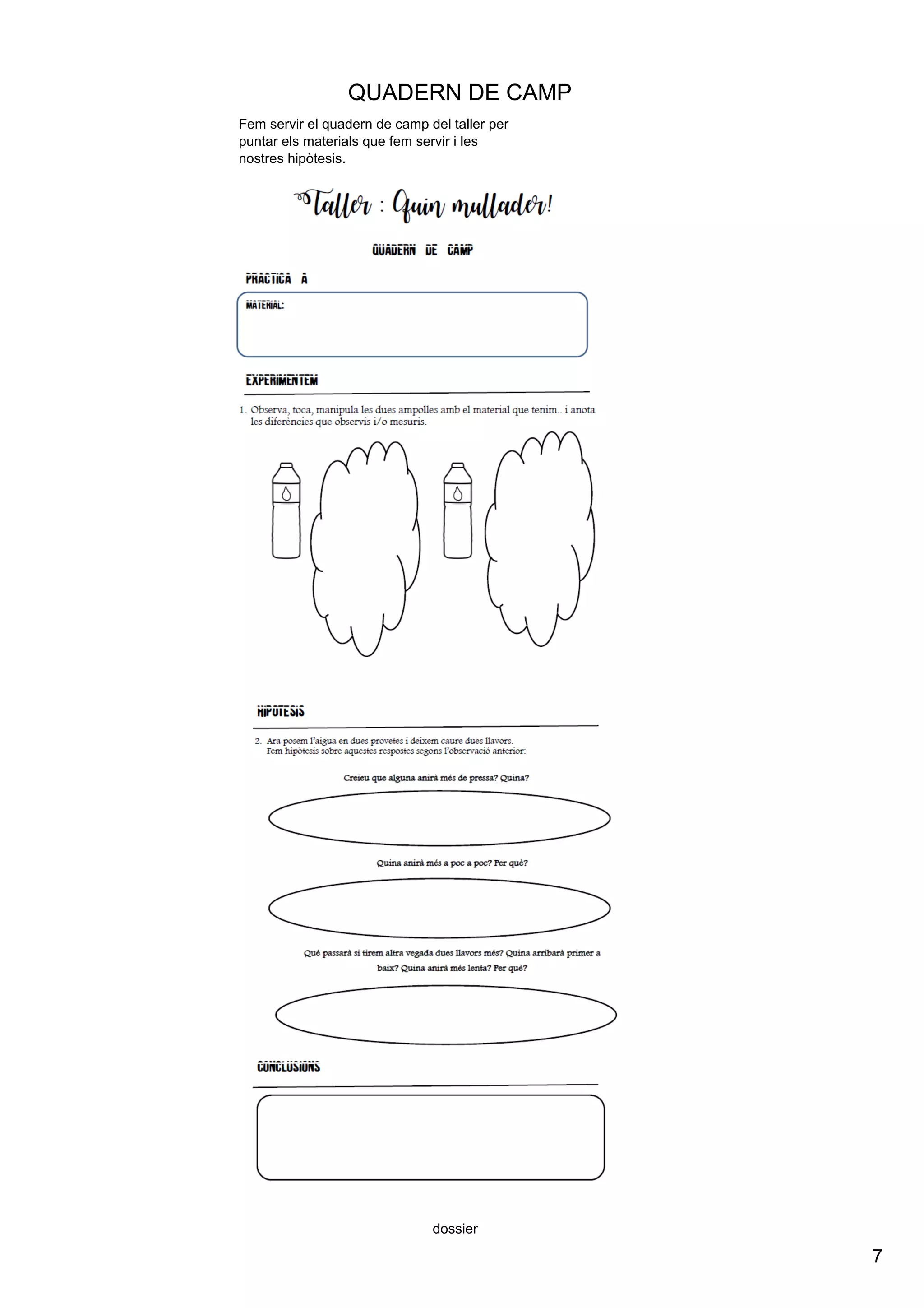 7
dossier
QUADERN DE CAMP
Fem servir el quadern de camp del taller per 
puntar els materials que fem servir i les 
nostres hipòtesis.
 
