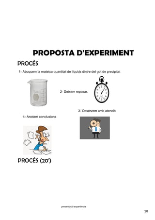 20
presentació experiència
PROCÉS
PROPOSTA D'EXPERIMENT
PROCÉS (20')
1­ Aboquem la mateixa quantitat de líquids dintre del got de precipitat
2­ Deixem reposar.
3­ Observem amb atenció
4­ Anotem conclusions
 