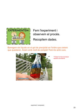 23
experiment / manipulació
Fem l'experiment i 
observem el procés.
Recopilem dades.
Barregem els líquids en el got de precipitat en l'ordre que creiem 
que quedaran. Anem amb molt de compte! Fem­ho amb cura.
* Potser ho hem de deixar 
reposar una estona.
 