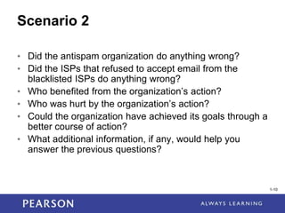 1-10
1-10
Scenario 2
• Did the antispam organization do anything wrong?
• Did the ISPs that refused to accept email from the
blacklisted ISPs do anything wrong?
• Who benefited from the organization’s action?
• Who was hurt by the organization’s action?
• Could the organization have achieved its goals through a
better course of action?
• What additional information, if any, would help you
answer the previous questions?
 