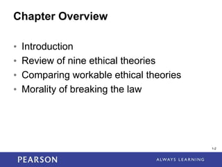 1-2
1-2
Chapter Overview
• Introduction
• Review of nine ethical theories
• Comparing workable ethical theories
• Morality of breaking the law
 