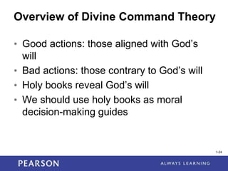 1-24
1-24
Overview of Divine Command Theory
• Good actions: those aligned with God’s
will
• Bad actions: those contrary to God’s will
• Holy books reveal God’s will
• We should use holy books as moral
decision-making guides
 