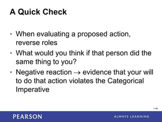 1-36
A Quick Check
• When evaluating a proposed action,
reverse roles
• What would you think if that person did the
same thing to you?
• Negative reaction evidence that your will
to do that action violates the Categorical
Imperative
1-36
 