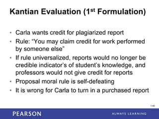 1-40
1-40
Kantian Evaluation (1st Formulation)
• Carla wants credit for plagiarized report
• Rule: “You may claim credit for work performed
by someone else”
• If rule universalized, reports would no longer be
credible indicator’s of student’s knowledge, and
professors would not give credit for reports
• Proposal moral rule is self-defeating
• It is wrong for Carla to turn in a purchased report
 