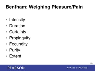 1-50
1-50
Bentham: Weighing Pleasure/Pain
• Intensity
• Duration
• Certainty
• Propinquity
• Fecundity
• Purity
• Extent
 