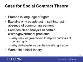 1-71
1-71
Case for Social Contract Theory
• Framed in language of rights
• Explains why people act in self-interest in
absence of common agreement
• Provides clear analysis of certain
citizen/government problems
– Why okay for government to deprive criminals of
certain rights
– Why civil obedience can be morally right action
• Workable ethical theory
 