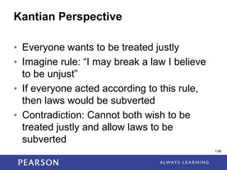 1-88
Kantian Perspective
• Everyone wants to be treated justly
• Imagine rule: “I may break a law I believe
to be unjust”
• If everyone acted according to this rule,
then laws would be subverted
• Contradiction: Cannot both wish to be
treated justly and allow laws to be
subverted
1-88
 