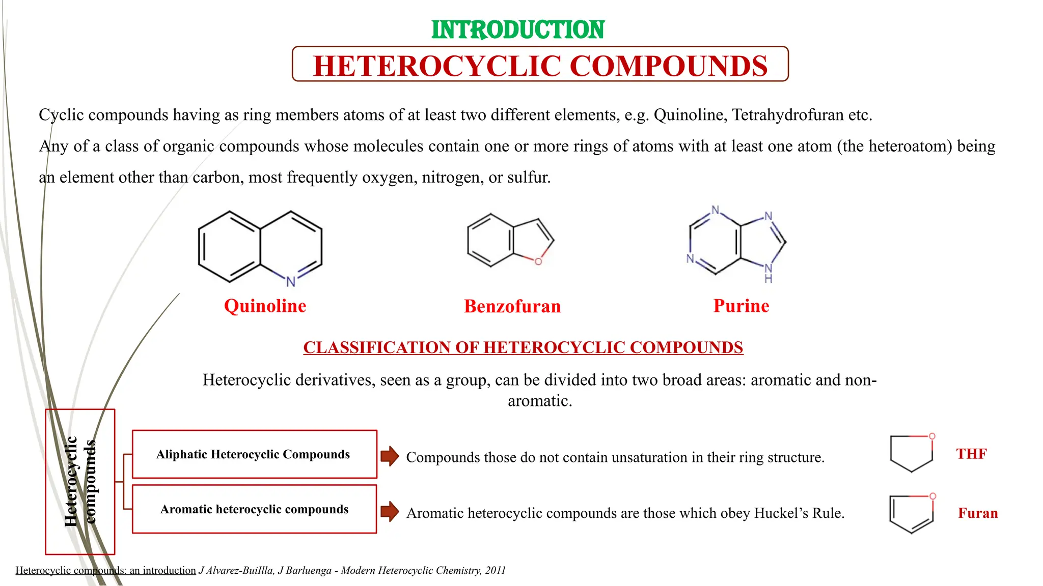 HETEROCYCLIC COMPOUNDS
Cyclic compounds having as ring members atoms of at least two different elements, e.g. Quinoline, Tetrahydrofuran etc.
Any of a class of organic compounds whose molecules contain one or more rings of atoms with at least one atom (the heteroatom) being
“
an element other than carbon, most frequently oxygen, nitrogen, or sulfur.
Quinoline Benzofuran Purine
CLASSIFICATION OF HETEROCYCLIC COMPOUNDS
Heterocyclic
compounds
Aliphatic Heterocyclic Compounds
Aromatic heterocyclic compounds
Compounds those do not contain unsaturation in their ring structure.
Aromatic heterocyclic compounds are those which obey Huckel’s Rule.
THF
Furan
Heterocyclic compounds: an introduction J Alvarez BuiIlla, J Barluenga - Modern Heterocyclic Chemistry, 2011
‐
Heterocyclic derivatives, seen as a group, can be divided into two broad areas: aromatic and non-
aromatic.
INTRODUCTION
 