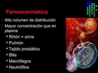 Farmacocinética
 Alto volumen de distribución
 Mayor concentración que en
plasma
Riñón = orina
Pulmón
Tejido prostático
Bilis
Macrófagos
Neutrófilos
 