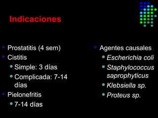 Indicaciones
 Prostatitis (4 sem)
 Cistitis
Simple: 3 días
Complicada: 7-14
días
 Pielonefritis
7-14 días
 Agentes causales
Escherichia coli
Staphylococcus
saprophyticus
Klebsiella sp.
Proteus sp.
Infecciones de VU simples o complicadas
 