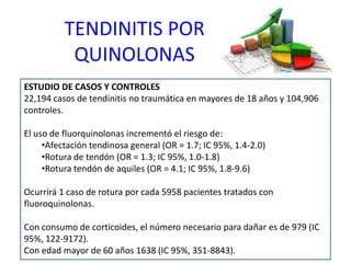 TENDINITIS POR
QUINOLONAS
ESTUDIO DE CASOS Y CONTROLES
22,194 casos de tendinitis no traumática en mayores de 18 años y 104,906
controles.
El uso de fluorquinolonas incrementó el riesgo de:
•Afectación tendinosa general (OR = 1.7; IC 95%, 1.4-2.0)
•Rotura de tendón (OR = 1.3; IC 95%, 1.0-1.8)
•Rotura tendón de aquiles (OR = 4.1; IC 95%, 1.8-9.6)
Ocurrirá 1 caso de rotura por cada 5958 pacientes tratados con
fluoroquinolonas.
Con consumo de corticoides, el número necesario para dañar es de 979 (IC
95%, 122-9172).
Con edad mayor de 60 años 1638 (IC 95%, 351-8843).
 