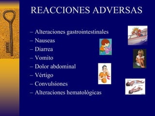 REACCIONES ADVERSASAlteraciones gastrointestinalesNauseasDiarreaVomitoDolor abdominalVértigo Convulsiones Alteraciones hematológicas