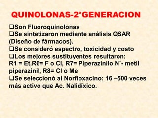 QUINOLONAS-2°GENERACION
Son Fluoroquinolonas
Se sintetizaron mediante análisis QSAR
(Diseño de fármacos).
Se consideró espectro, toxicidad y costo
Los mejores sustituyentes resultaron:
R1 = Et,R6= F o Cl, R7= Piperazinilo N´- metil
piperazinil, R8= Cl o Me
Se seleccionó al Norfloxacino: 16 –500 veces
más activo que Ac. Nalidíxico.
 