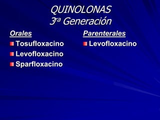 QUINOLONAS
3ra Generación
Orales
Tosufloxacino
Levofloxacino
Sparfloxacino
Parenterales
Levofloxacino
 