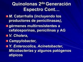 Quinolonas 2da Generación
Espectro Cont…
M. Catarrhalis (incluyendo los
productores de penicilinasas),
gérmenes multirresistentes a
cefalosporinas, penicilinas y AG
V. Cholera,
Campylobacter,
Y. Enterocolica, Acinetobacter,
Micobacterias y algunos patógenos
atípicos
 