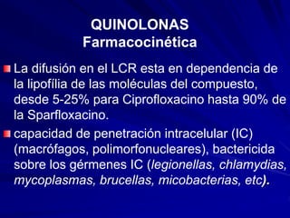 La difusión en el LCR esta en dependencia de
la lipofília de las moléculas del compuesto,
desde 5-25% para Ciprofloxacino hasta 90% de
la Sparfloxacino.
capacidad de penetración intracelular (IC)
(macrófagos, polimorfonucleares), bactericida
sobre los gérmenes IC (legionellas, chlamydias,
mycoplasmas, brucellas, micobacterias, etc).
QUINOLONAS
Farmacocinética
 