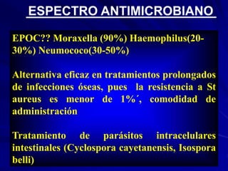 EPOC?? Moraxella (90%) Haemophilus(20-
30%) Neumococo(30-50%)
Alternativa eficaz en tratamientos prolongados
de infecciones óseas, pues la resistencia a St
aureus es menor de 1%´, comodidad de
administración
Tratamiento de parásitos intracelulares
intestinales (Cyclospora cayetanensis, Isospora
belli)
ESPECTRO ANTIMICROBIANO
 