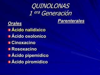 QUINOLONAS
1 era Generación
Orales
Ácido nalidixico
Ácido oxolonico
Cinoxacino
Rosoxacino
Ácido pipemidico
Ácido piromidico
Parenterales
 