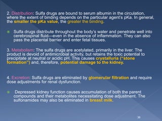 2. Distribution: Sulfa drugs are bound to serum albumin in the circulation,
where the extent of binding depends on the particular agent’s pKa. In general,
the smaller the pKa value, the greater the binding.
 Sulfa drugs distribute throughout the body’s water and penetrate well into
cerebrospinal fluid—even in the absence of inflammation. They can also
pass the placental barrier and enter fetal tissues.
3. Metabolism: The sulfa drugs are acetylated, primarily in the liver. The
product is devoid of antimicrobial activity, but retains the toxic potential to
precipitate at neutral or acidic pH. This causes crystalluria (“stone
formation”) and, therefore, potential damage to the kidney.
4. Excretion: Sulfa drugs are eliminated by glomerular filtration and require
dose adjustments for renal dysfunction.
 Depressed kidney function causes accumulation of both the parent
compounds and their metabolites necessitating dose adjustment. The
sulfonamides may also be eliminated in breast milk.
36
 