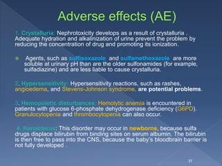 1. Crystalluria: Nephrotoxicity develops as a result of crystalluria .
Adequate hydration and alkalinization of urine prevent the problem by
reducing the concentration of drug and promoting its ionization.
 Agents, such as sulfisoxazole and sulfamethoxazole are more
soluble at urinary pH than are the older sulfonamides (for example,
sulfadiazine) and are less liable to cause crystalluria.
2. Hypersensitivity: Hypersensitivity reactions, such as rashes,
angioedema, and Stevens-Johnson syndrome, are potential problems.
3. Hemopoietic disturbances: Hemolytic anemia is encountered in
patients with glucose 6-phosphate dehydrogenase deficiency (G6PD).
Granulocytopenia and thrombocytopenia can also occur.
4. Kernicterus: This disorder may occur in newborns, because sulfa
drugs displace bilirubin from binding sites on serum albumin. The bilirubin
is then free to pass into the CNS, because the baby’s bloodbrain barrier is
not fully developed .
37
 