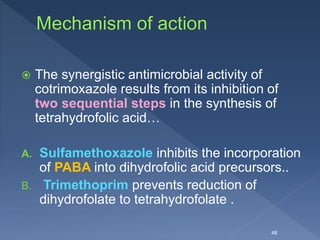  The synergistic antimicrobial activity of
cotrimoxazole results from its inhibition of
two sequential steps in the synthesis of
tetrahydrofolic acid…
A. Sulfamethoxazole inhibits the incorporation
of PABA into dihydrofolic acid precursors..
B. Trimethoprim prevents reduction of
dihydrofolate to tetrahydrofolate .
48
 