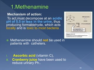 Mechanism of action:
To act,must decompose at an acidic
pH of 5.5 or less in the urine, thus
producing formaldehyde, which acts
locally and is toxic to most bacteria .
 Methenamine should not be used in
patients with catheters.
I. Ascorbic acid (vitamin C),
II. Cranberry juice have been used to
reduce urinary Ph..
55
 