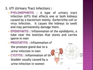 27
3. UTI (Urinary Tract Infection) :
 PYELONEPHRITIS : A type of urinary tract
infection (UTI) that affects one or both kidneys
caused by a bacterium mainly Escherichia coli or
virus infection. It causes the kidneys to swell
and may permanently damage them.
 EPIDIDYMITIS : Inflammation of the epididymis, a
tube near the testicles that stores and carries
sperm in men
 PROSTATITIS : Inflammation of
the prostate gland due to a
urine infection in men
 CYSTITIS : Inflammation of the
bladder usually caused by a
urine infection in women
 