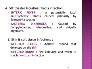 28
4. GIT (Gastro Intestinal Tract) infection :
 ENTERIC FEVER : A potentially fatal
multisystemic illness caused primarily by
Salmonella species
 BACTERIAL DIARRHOEA : Caused by
Campylobacter, salmonellae, and shigella
organisms
5. Skin & soft tissue infections :
 INFECTED ULCERS : Shallow wound that
develops on the skin
 INFECTED BURNS : Red coloured and warm to
touch due to an infection
 