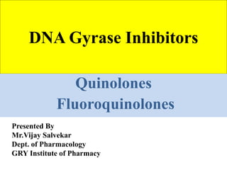DNA Gyrase Inhibitors
Quinolones
Fluoroquinolones
Presented By
Mr.Vijay Salvekar
Dept. of Pharmacology
GRY Institute of Pharmacy
 