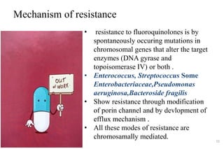 Mechanism of resistance
11
• resistance to fluoroquinolones is by
spontaneously occuring mutations in
chromosomal genes that alter the target
enzymes (DNA gyrase and
topoisomerase IV) or both .
• Enterococcus, Streptococcus Some
Enterobacteriaceae,Pseudomonas
aeruginosa,Bacteroside fragilis
• Show resistance through modification
of porin channel and by devlopment of
efflux mechanism .
• All these modes of resistance are
chromosamally mediated.
 