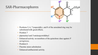 SAR-Pharmacophores
• Positions 5, 6, 7 (especially), and 8 of the annulated ring may be
substituted with good effects.
• Position 7
• piperazinyl and 3-aminopyrrolidinyl
• Enhanced activity on members of the quinolone class against P.
aeruginosa.
• Position 6
• Fluorine atom substitution
• Enhanced antibacterial activity.
2
3
45
 
