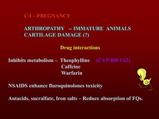 C/I – PREGNANCY
ARTHROPATHY -- IMMATURE ANIMALS
CARTILAGE DAMAGE (?)
Drug interactions
Inhibits metabolism – Theophylline (CYP 450 1A2)
Caffeine
Warfarin
NSAIDS enhance fluroquinolones toxicity
Antacids, sucralfate, Iron salts – Reduce absorption of FQs.
 