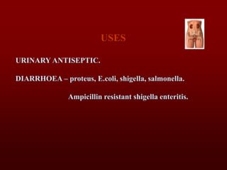 USES
URINARY ANTISEPTIC.
DIARRHOEA – proteus, E.coli, shigella, salmonella.
Ampicillin resistant shigella enteritis.
 