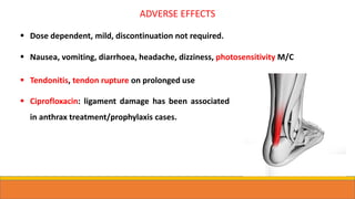  Dose dependent, mild, discontinuation not required.
 Nausea, vomiting, diarrhoea, headache, dizziness, photosensitivity M/C
 Tendonitis, tendon rupture on prolonged use
 Ciprofloxacin: ligament damage has been associated
in anthrax treatment/prophylaxis cases.
ADVERSE EFFECTS
 