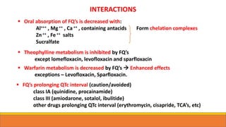 INTERACTIONS
 Oral absorption of FQ’s is decreased with:
Al+++ , Mg ++ , Ca ++ , containing antacids Form chelation complexes
Zn++ , Fe ++ salts
Sucralfate
 Theophylline metabolism is inhibited by FQ’s
except lomefloxacin, levofloxacin and sparfloxacin
 Warfarin metabolism is decreased by FQ’s  Enhanced effects
exceptions – Levofloxacin, Sparfloxacin.
 FQ’s prolonging QTc interval (caution/avoided)
class IA (quinidine, procainamide)
class III (amiodarone, sotalol, ibulitide)
other drugs prolonging QTc interval (erythromycin, cisapride, TCA’s, etc)
 