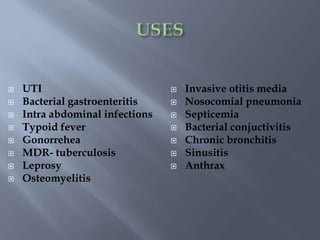 UTI
 Bacterial gastroenteritis
 Intra abdominal infections
 Typoid fever
 Gonorrehea
 MDR- tuberculosis
 Leprosy
 Osteomyelitis
 Invasive otitis media
 Nosocomial pneumonia
 Septicemia
 Bacterial conjuctivitis
 Chronic bronchitis
 Sinusitis
 Anthrax
 