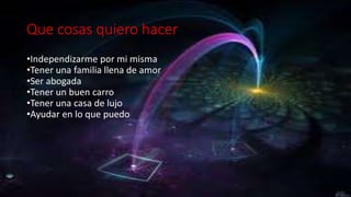 Que cosas quiero hacer
•Independizarme por mi misma
•Tener una familia llena de amor
•Ser abogada
•Tener un buen carro
•Tener una casa de lujo
•Ayudar en lo que puedo
 