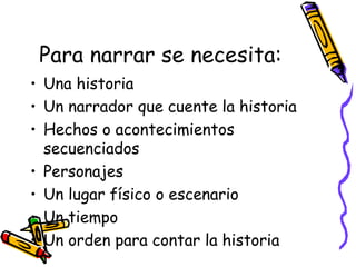 Para narrar se necesita:
• Una historia
• Un narrador que cuente la historia
• Hechos o acontecimientos
  secuenciados
• Personajes
• Un lugar físico o escenario
• Un tiempo
• Un orden para contar la historia
 