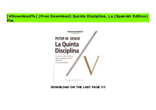 DOWNLOAD ON THE LAST PAGE !!!!
[#Download%] (Free Download) Quinta Disciplina, La (Spanish Edition) File Leading management guru Peter M Senge defines the five business 'disciplines' which together help to build learning organizations. These companies will be the successful ones in the coming decade because of their ability to learn, to absorb new ideas, theories and practices at all employee levels and use them to competive adventage. Shared vision, teamwork and leverage are the main themes of this book.
[#Download%] (Free Download) Quinta Disciplina, La (Spanish Edition)
File
 