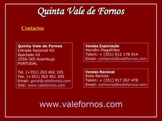 Quinta Vale de Fornos Estrada Nacional N3 Apartado 43 2050-365 Azambuja PORTUGAL Tel. (+351) 263 402 105 Fax. (+351) 263 401 295 Email:  geral @ valefornos .com Site:  www. valefornos .com Vendas Exportação Hernâni Magalhães Telem: + (351) 912 178 914 Email:  comercial @ valefornos .com Contactos Vendas Nacional Rosa Narciso Telem: + (351) 917 267 478 Email:  comercial @ valefornos .com www. valefornos .com Quinta Vale de Fornos 