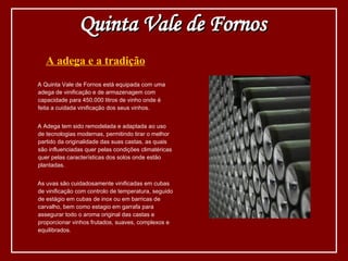 A adega e a tradição A Quinta Vale de Fornos está equipada com uma adega de vinificação e de armazenagem com capacidade para 450.000 litros de vinho onde é feita a cuidada vinificação dos seus vinhos. A Adega tem sido remodelada e adaptada ao uso de tecnologias modernas, permitindo tirar o melhor partido da originalidade das suas castas, as quais são influenciadas quer pelas condições climatéricas quer pelas características dos solos onde estão plantadas. As uvas são cuidadosamente vinificadas em cubas de vinificação com controlo de temperatura, seguido de estágio em cubas de inox ou em barricas de carvalho, bem como estagio em garrafa para assegurar todo o aroma original das castas e proporcionar vinhos frutados, suaves, complexos e equilibrados. Quinta Vale de Fornos 