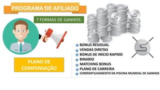 LI
PROGRAMA DE AFILIADO
PLANO DE
COMPENSAÇÃO
BONUS RESIDUAL
VENDAS DIRETAS
BONUS DE INICIO RAPIDO
BINARIO
MATCHING BONUS
PLANO DE CARREIRA
COMPARTILHAMENTO DA PISCINA MUNDIAL DE GANHOS
7 FORMAS DE GANHOS:
 