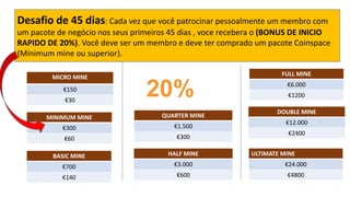 20%
MICRO MINE
€150
€30
MINIMUM MINE
€300
€60
BASIC MINE
€700
€140
QUARTER MINE
€1.500
€300
HALF MINE
€3.000
€600
FULL MINE
€6.000
€1200
DOUBLE MINE
€12.000
€2400
ULTIMATE MINE
€24.000
€4800
Desafio de 45 dias: Cada vez que você patrocinar pessoalmente um membro com
um pacote de negócio nos seus primeiros 45 dias , voce recebera o (BONUS DE INICIO
RAPIDO DE 20%). Você deve ser um membro e deve ter comprado um pacote Coinspace
(Minimum mine ou superior).
 