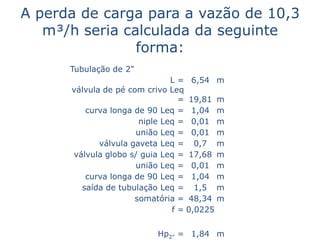 A perda de carga para a vazão de 10,3
   m³/h seria calculada da seguinte
                forma:
      Tubulação de 2"
                               L = 6,54 m
      válvula de pé com crivo Leq
                                 = 19,81 m
         curva longa de 90 Leq = 1,04 m
                       niple Leq = 0,01 m
                      união Leq = 0,01 m
             válvula gaveta Leq = 0,7 m
      válvula globo s/ guia Leq = 17,68 m
                      união Leq = 0,01 m
         curva longa de 90 Leq = 1,04 m
        saída de tubulação Leq = 1,5 m
                      somatória = 48,34 m
                               f = 0,0225


                          Hp2" = 1,84 m
 